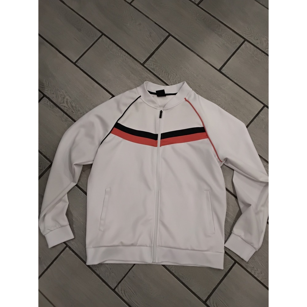 JIAN WANG Men's White Track Jacket Red Black Stripe Athletic Bomber Full Zip XL
